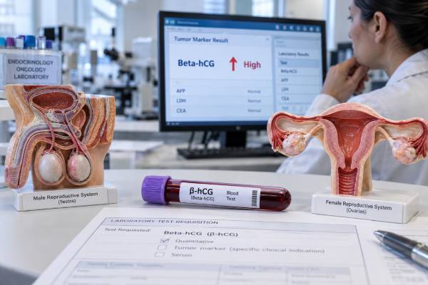 Learn how beta-hCG is used in testicular and ovarian germ cell tumors, what high levels can mean, and why pregnancy, false positives, and marker trends matter.