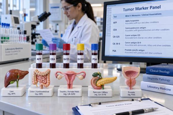 Understand what AFP, CEA, CA-125, CA 19-9, and PSA blood tumor markers measure, their common reference limits, cancer uses, benign causes, and key limitations.
