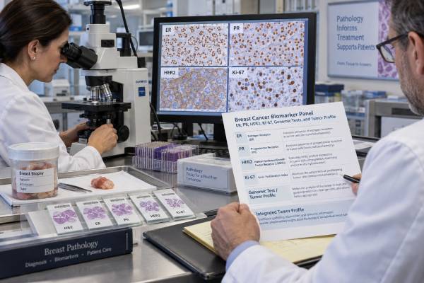 Breast Cancer Biomarker Panel: ER, PR, HER2, Ki-67, Genomic Tests, and Tumor Profile Understand a breast cancer biomarker panel: ER, PR, HER2, Ki-67, genomic tests, mutation testing, score meaning, and how results guide treatment.