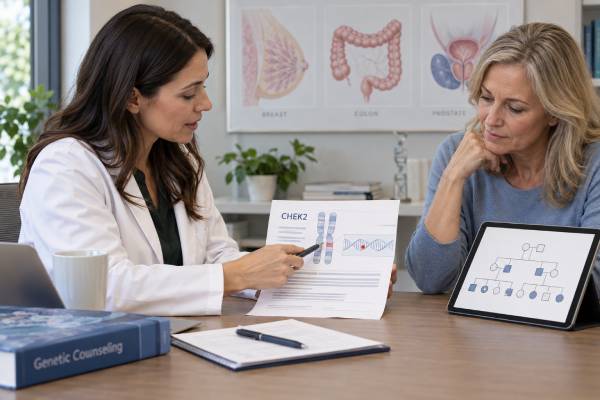 CHEK2 Mutation Test: Breast, Colon, Prostate Cancer Risk, Variant Meaning, and Family Risk Understand CHEK2 mutation testing, breast, colon, and prostate cancer risk, pathogenic variants versus VUS results, family inheritance, cascade testing, and screening implications.