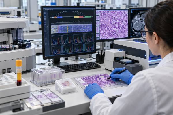 A cholangiocarcinoma biomarker panel combines CA 19-9 with FGFR2, IDH1/2, BRAF, HER2, MSI/MMR, and other molecular tests to guide monitoring and targeted treatment.