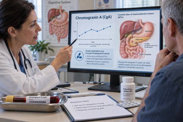 Learn how the chromogranin A blood test is used for neuroendocrine tumors, why PPIs and benign conditions raise CgA, and how serial results are interpreted.