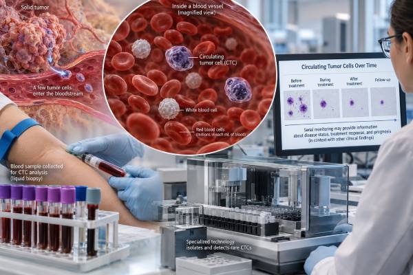 Learn how circulating tumor cell blood tests detect tumor cells, what CTC counts mean, how they relate to prognosis and monitoring, and how CTCs differ from ctDNA.