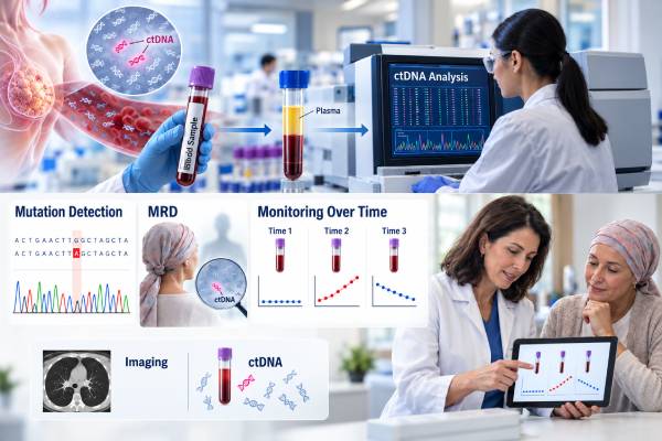 Circulating Tumor DNA Test for Breast Cancer: MRD, Recurrence, Mutation Detection, and Monitoring Breast cancer ctDNA testing explained: MRD, recurrence risk, mutation detection, liquid biopsy, treatment selection, false negatives, and current monitoring guidance.