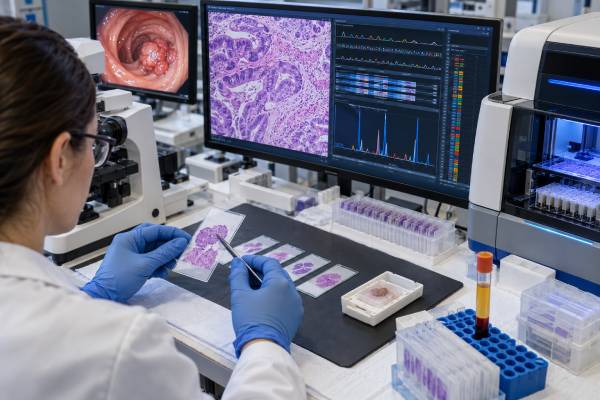 A colorectal cancer biomarker panel combines KRAS, NRAS, BRAF, MSI/MMR, CEA, and expanded molecular tests to guide targeted therapy, immunotherapy, hereditary workup, and monitoring.