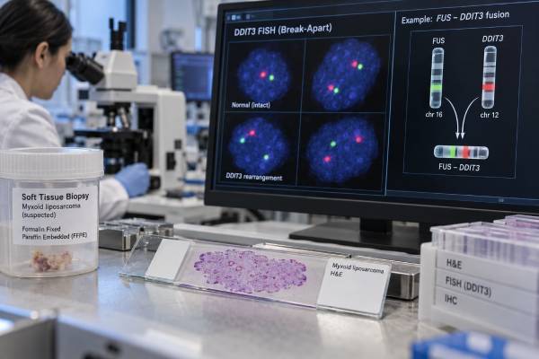 DDIT3 Fusion Test: Myxoid Liposarcoma, Gene Fusion, and Molecular Diagnosis Understand DDIT3 fusion testing for myxoid liposarcoma, including FUS::DDIT3, EWSR1::DDIT3, FISH and RNA testing, positive and negative results, and diagnostic meaning.