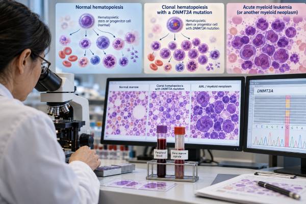DNMT3A Mutation Test: AML, Clonal Hematopoiesis, Myeloid Neoplasms, and Mutation Meaning Understand DNMT3A mutation test results in AML and clonal hematopoiesis, including R882 variants, VAF, CHIP and CCUS, prognosis, remission persistence, and follow-up meaning.