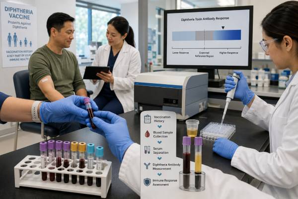 Learn how to interpret a diphtheria antibody test, including 0.01 and 0.1 IU/mL thresholds, timed vaccine-response testing, immune deficiency clues, confounders, and active-disease limits.