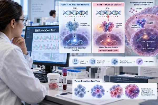 ESR1 Mutation Test for Breast Cancer: Hormone Resistance Marker, Recurrence, and Mutation Meaning ESR1 mutation testing explained: hormone resistance, ctDNA detection, positive and negative results, oral SERDs, recurrence limits, and 2026 treatment guidance.