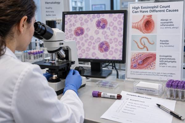Eosinophil Count Test: EGPA, Allergy, Parasites, and High Eosinophils Understand eosinophil count ranges, common causes of high eosinophils, parasite and allergy clues, EGPA warning signs, and the follow-up tests that may be needed.