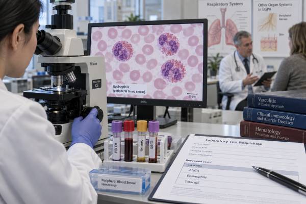 Eosinophilic Granulomatosis With Polyangiitis Blood Test Panel: ANCA, Eosinophils, IgE, and Diagnosis Learn how an EGPA blood test panel uses ANCA, MPO antibodies, eosinophils, IgE, CRP, ESR, urine tests, and organ screening to support diagnosis.