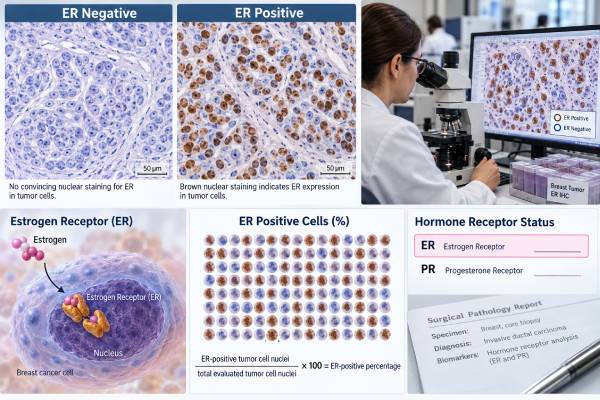 Estrogen Receptor (ER) Test: Breast Cancer Hormone Receptor Status, Positive Score, and Meaning Learn how the estrogen receptor (ER) breast cancer test is scored, what ER-positive, ER-low, and ER-negative results mean, and how ER status guides treatment.