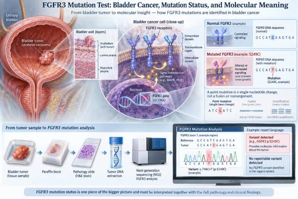 FGFR3 Mutation Test: Bladder Cancer, Mutation Status, and Molecular Meaning Learn what an FGFR3 mutation test means in bladder cancer, which FGFR3 alterations are actionable, how tissue and ctDNA testing work, and how results can guide treatment.