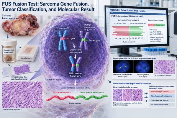 FUS Fusion Test: Sarcoma Gene Fusion, Tumor Classification, and Molecular Result Learn what a FUS fusion test detects in sarcoma, what FUS::DDIT3 and FUS::CREB3L2 mean, how testing is performed, and how results guide tumor classification.