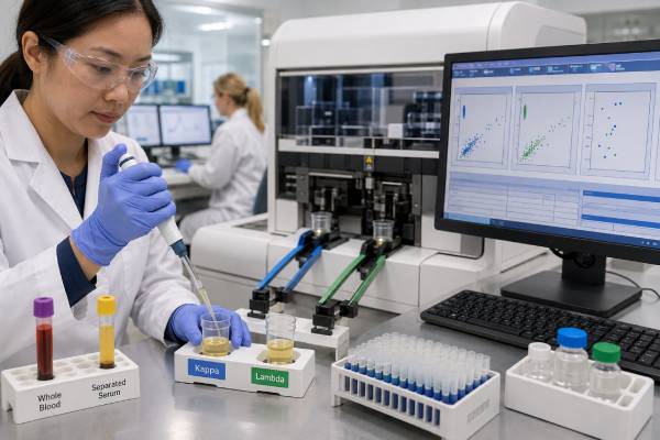 Understand serum free light chains, including kappa, lambda, the ratio, kidney effects, MGUS and myeloma patterns, the ratio-of-100 rule, companion tests, and urgent warning signs.