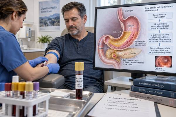 Understand what a gastrin blood test measures, why gastrin can be high, how gastrinoma and Zollinger-Ellison syndrome are diagnosed, and how PPIs affect results.
