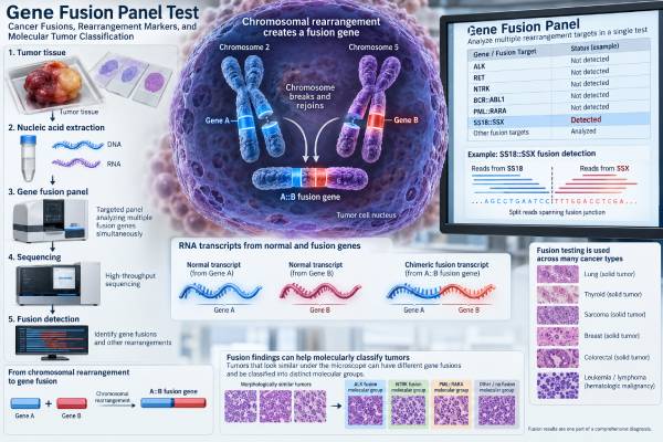 Gene Fusion Panel Test: Cancer Fusions, Rearrangement Markers, and Molecular Tumor Classification Learn how a gene fusion panel detects cancer rearrangements, why RNA-based NGS is useful, what positive and negative results mean, and how fusions can guide tumor classification and targeted therapy.