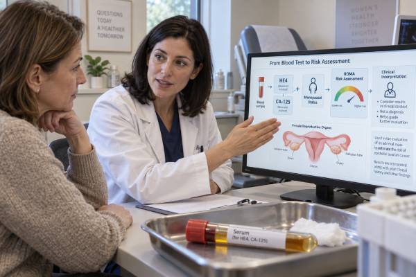Learn what an HE4 blood test measures, why HE4 can be high, how kidney function affects results, how ROMA combines HE4 and CA-125, and how the marker is monitored.