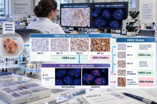 HER2 Breast Cancer Test: IHC, FISH, HER2 Score, Amplification, and HER2-Low Status Understand HER2 breast cancer testing, including IHC scores, FISH amplification, positive and negative results, HER2-low, HER2-ultralow, and treatment meaning.