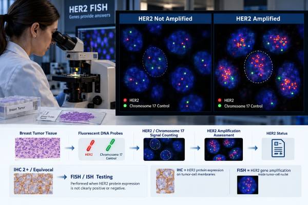HER2 FISH Test for Breast Cancer: Gene Amplification, HER2 Status, and Result Meaning Learn how the HER2 FISH test measures gene amplification, how HER2/CEP17 ratio and copy number define ISH groups, and what positive or negative results mean.