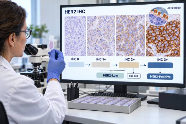 HER2 IHC Test for Breast Cancer: Protein Expression Score, HER2-Low, and Result Meaning Learn how HER2 IHC scores 0, 1+, 2+, and 3+ are interpreted, what HER2-low and ultralow mean, when FISH is needed, and how results guide breast cancer therapy.