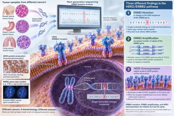 HER2/ERBB2 Mutation Test: Breast, Gastric, Lung Cancer, Mutation Status, and HER2 Meaning Learn what a HER2/ERBB2 mutation test means in lung, breast, and gastric cancer, how mutations differ from HER2 amplification or IHC, and how results can guide targeted treatment.