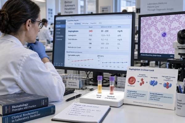 Understand what high and low haptoglobin blood test results mean, how inflammation can mask hemolysis, and which companion tests help identify red blood cell destruction.
