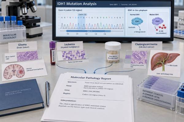 IDH1 Mutation Test: Glioma, Leukemia, Cholangiocarcinoma, Mutation Status, and Meaning Learn what an IDH1 mutation test means in glioma, AML, and cholangiocarcinoma, how R132 mutations are detected, and how positive results can affect diagnosis and targeted treatment.