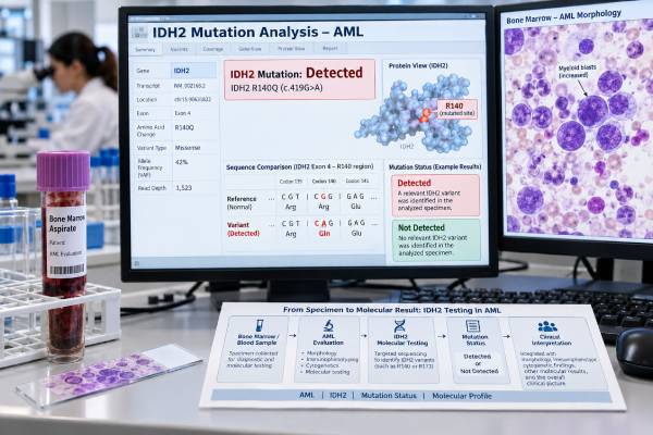 IDH2 Mutation Test for AML: Mutation Status, Molecular Result, and AML Meaning Learn how to interpret an IDH2 mutation test in AML, including R140 and R172 results, VAF, prognosis, enasidenib treatment relevance, and follow-up testing.