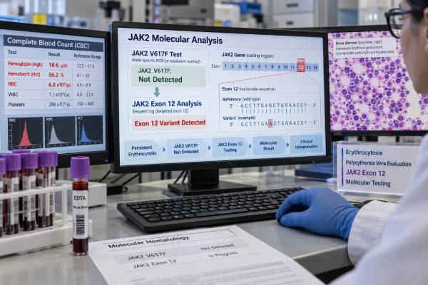 JAK2 Exon 12 Mutation Test: Polycythemia Vera Marker and JAK2-Negative Workup Learn what a JAK2 exon 12 mutation test means in V617F-negative erythrocytosis, how it supports polycythemia vera diagnosis, and what to do after a negative result.