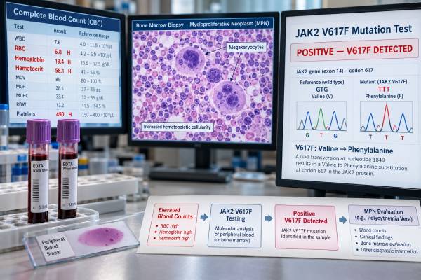JAK2 V617F Mutation Test: Myeloproliferative Neoplasm, Polycythemia Vera, and Positive Result Learn how to interpret a JAK2 V617F mutation test, including positive results, polycythemia vera and MPN meaning, VAF, negative follow-up, and prognosis.