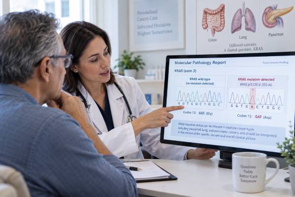 Understand KRAS mutation test results in colon, lung, and pancreatic cancer, including G12C, G12D, treatment resistance, targeted therapy, negative results, and testing limits.