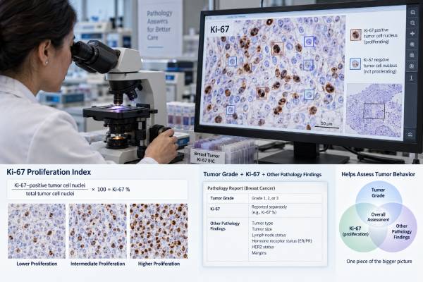 Ki-67 Breast Cancer Test: Proliferation Score, Tumor Grade, and Prognosis Meaning Learn what a Ki-67 breast cancer score measures, how percentages relate to proliferation and tumor grade, which cutoffs are useful, and why results need clinical context.