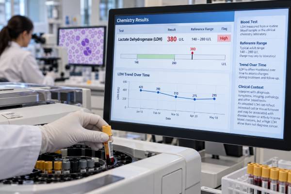 Lactate Dehydrogenase (LDH) Test for Blood Cancer: High Levels, Prognosis, and Disease Activity Learn what a high LDH test can mean in leukemia, lymphoma, and myeloma, including prognosis, disease activity, false elevations, reference ranges, and tumor lysis risk.