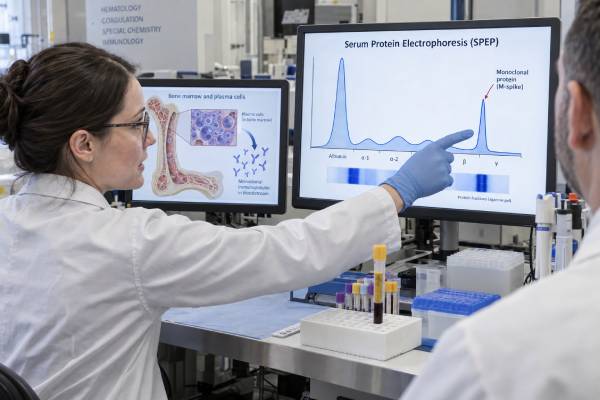 Learn what an M protein blood test shows, how SPEP measures a monoclonal protein, what an M-spike can mean, and how results are used in multiple myeloma and MGUS.