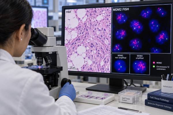 Understand MDM2 amplification testing for liposarcoma, including FISH ratios, copy number gain, polysomy, positive and negative results, diagnostic pitfalls, and next steps.