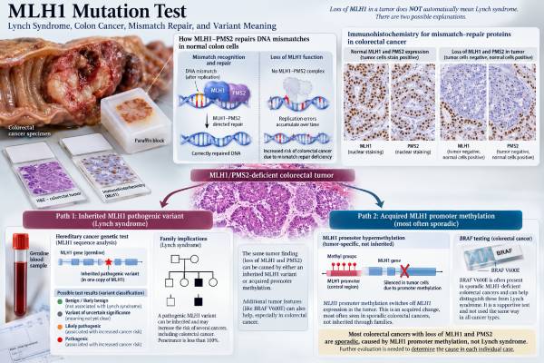 Understand MLH1 mutation testing for Lynch syndrome and colon cancer, including MLH1/PMS2 loss, promoter methylation, BRAF triage, germline variants, cancer risk, and result meaning.