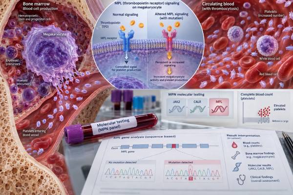 Understand MPL mutation test results in thrombocytosis and myeloproliferative neoplasms, including W515 variants, ET versus myelofibrosis, negative results, VAF, prognosis, and next steps.