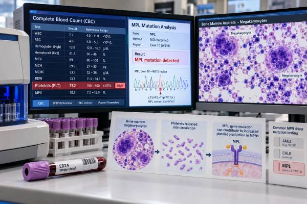 MPL Mutation Test: Myeloproliferative Neoplasm, Thrombocytosis, and Mutation Meaning Understand MPL mutation testing for thrombocytosis and myeloproliferative neoplasms, including W515 variants, positive and negative results, VAF, ET, and myelofibrosis.