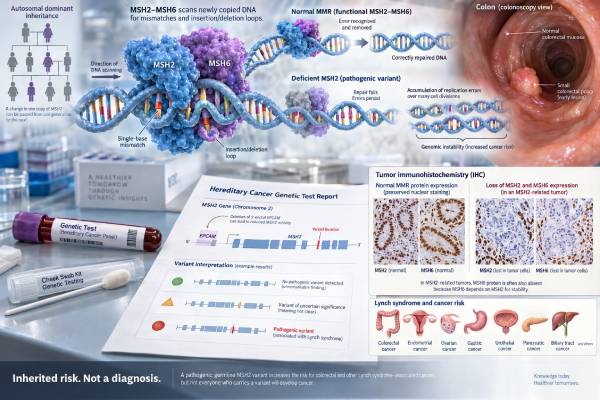 Understand MSH2 mutation testing for Lynch syndrome, including MSH2/MSH6 loss, EPCAM deletions, germline results, colorectal and urinary-tract cancer risk, MSI, and next steps.