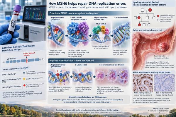 Understand MSH6 mutation testing for Lynch syndrome, including isolated MSH6 loss, MSI findings, germline variants, colorectal and endometrial cancer risk, surveillance, and next steps.