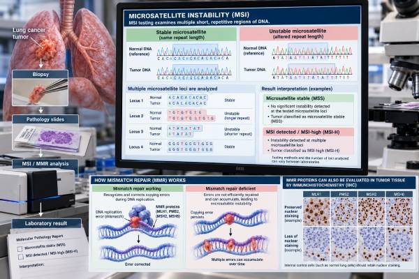 MSI Test for Lung Cancer: Microsatellite Instability, Mismatch Repair, and Result Meaning Learn what MSI testing means in lung cancer, how MSI-H, MSS, dMMR, and pMMR results differ, how NGS, PCR, and IHC are used, and why this rare biomarker can matter for immunotherapy and hereditary evaluation.
