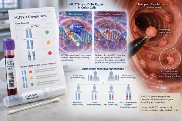 Understand MUTYH mutation testing, including biallelic versus monoallelic results, polyposis and colon cancer risk, variant meaning, surveillance, and family testing.