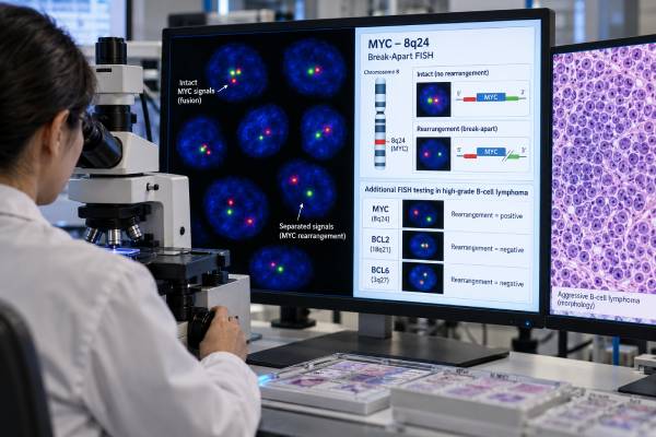 MYC Rearrangement Test: Burkitt Lymphoma, Double-Hit Lymphoma, and High-Grade Disease Understand MYC rearrangement testing in Burkitt and high-grade B-cell lymphoma, including FISH, double-hit MYC/BCL2 disease, BCL6, and double-expressor differences.