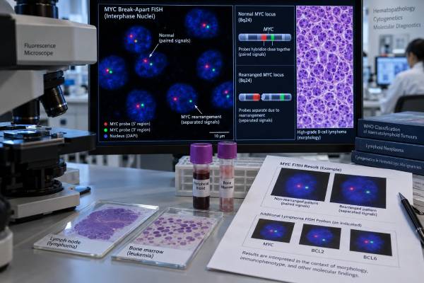 Learn what a MYC rearrangement FISH test detects, how positive and negative results are interpreted, and what MYC means in Burkitt, high-grade B-cell lymphoma, and leukemia.