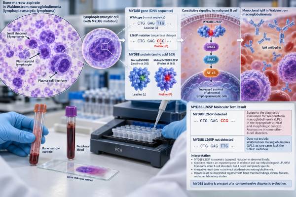 Understand MYD88 L265P testing in Waldenström macroglobulinemia and lymphoma, including positive and negative results, test methods, CXCR4 context, and treatment meaning.
