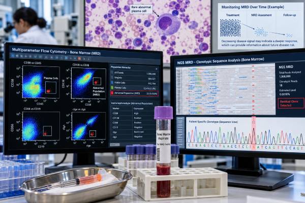Minimal Residual Disease (MRD) Test for Myeloma: Flow Cytometry, NGS, and Recurrence Risk Understand multiple myeloma MRD testing by flow cytometry and NGS, including 10⁻⁵ to 10⁻⁶ sensitivity, negative and positive results, recurrence risk, and limitations.