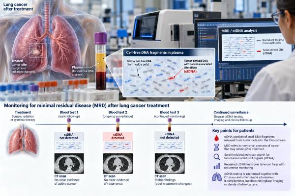Minimal Residual Disease ctDNA Test for Lung Cancer: Recurrence Monitoring, MRD, and Tumor DNA Learn how lung cancer MRD ctDNA testing detects molecular residual disease, what positive and negative results mean, how it can precede recurrence on scans, and why treatment decisions still require clinical context.