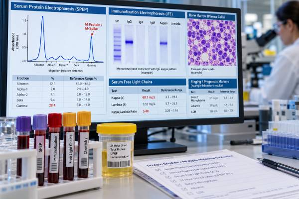 Multiple Myeloma Test Panel: M Protein, Free Light Chains, Immunofixation, and Staging Understand the multiple myeloma test panel, including M protein, SPEP, immunofixation, free light chains, marrow testing, FISH, CRAB criteria, and staging.