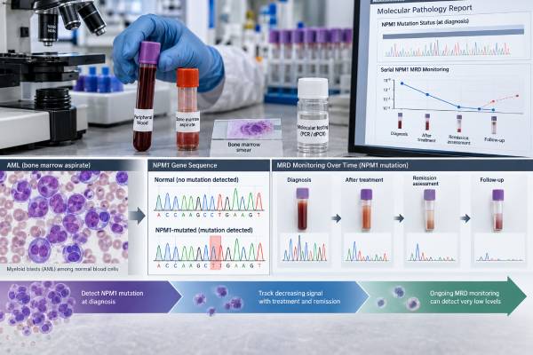 Understand NPM1 mutation testing in AML, including prognosis, FLT3 risk groups, molecular MRD monitoring, positive and negative results, and what changing NPM1 levels mean.